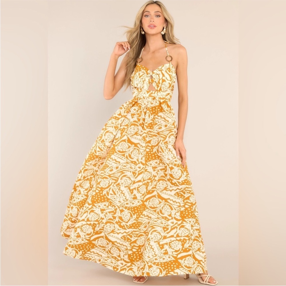 Aakaa Halter Floral Cut Out Maxi Dress Mustard Size M